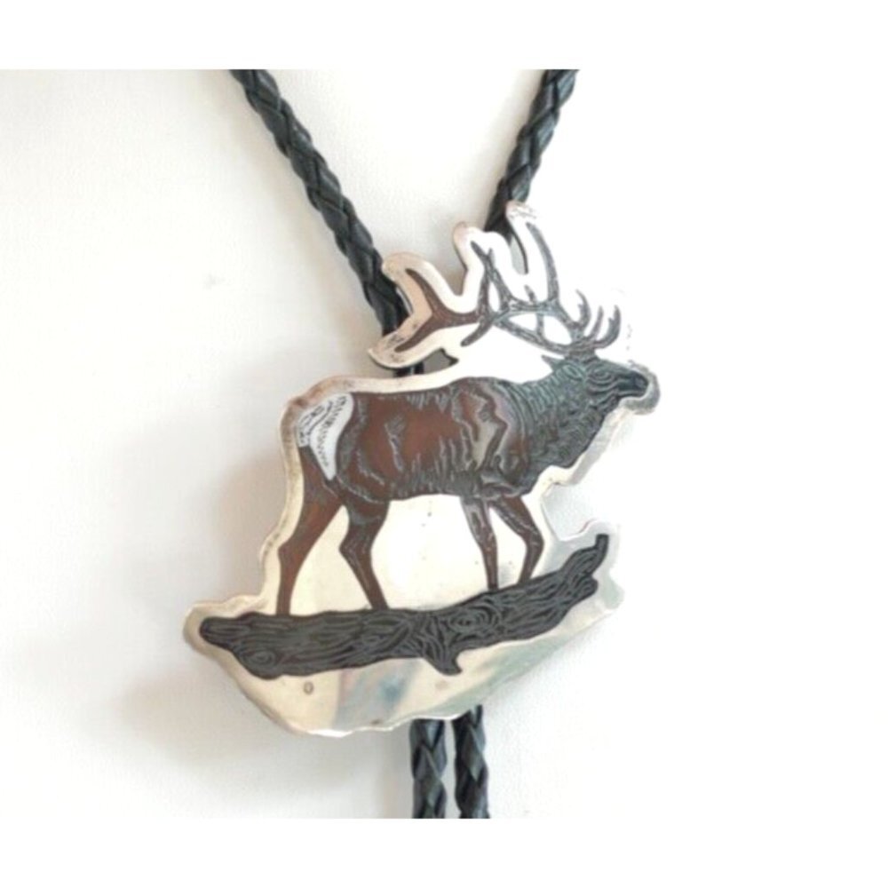 Zuni Native American BULL‎ ELK Bolo Tie by Dale Edaakie Handmade Vintage